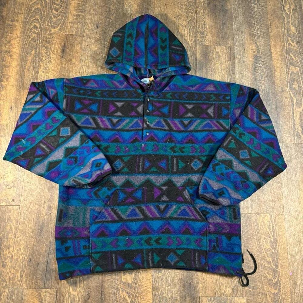 Vintage 90s Great Lakes Aztec Quarter Button Fleece Hoodie